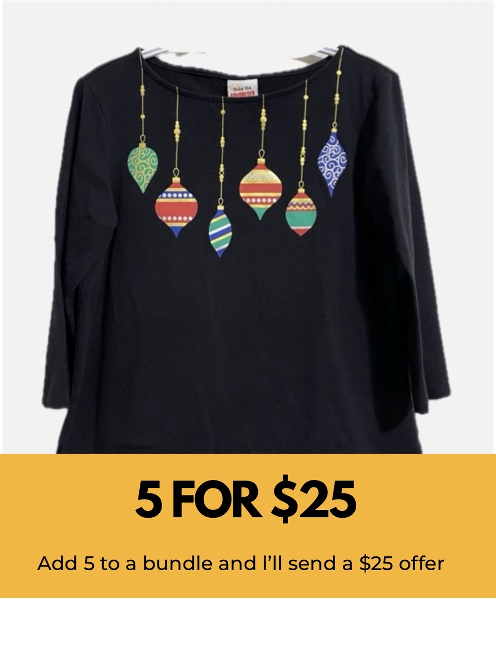 Ruby Rd. Black 3/4 Sleeve Tee with Festive Ornament Design